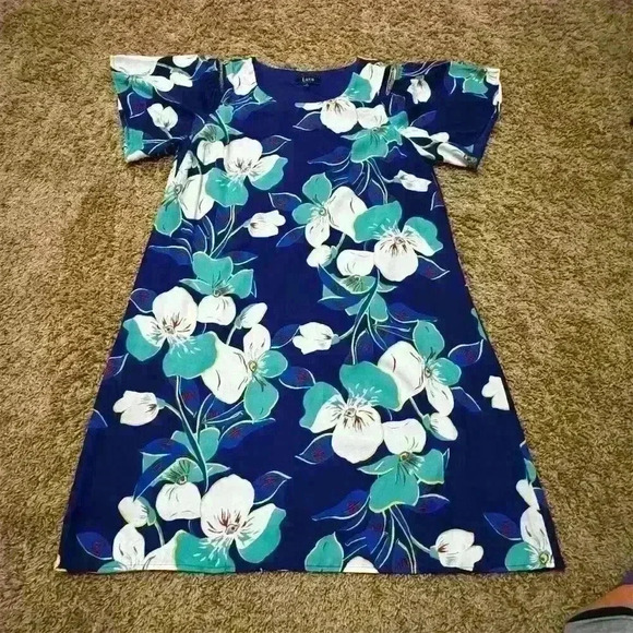 Luxology Dresses & Skirts - Luxology Women's Floral Cold Shoulder Dress Size 12 Navy Blue Short Sleeve